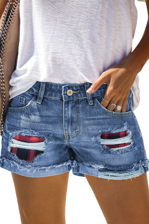 Patchwork Rolled Hem Denim Shorts
